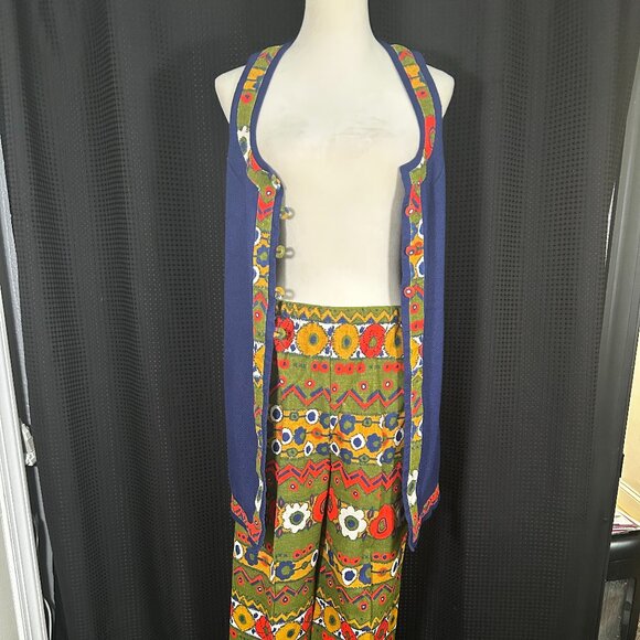 Women's Mod Ethnic Psychedelic Handmade Vintage 70s Barkcloth ? Pant Vest Set - Picture 7 of 9